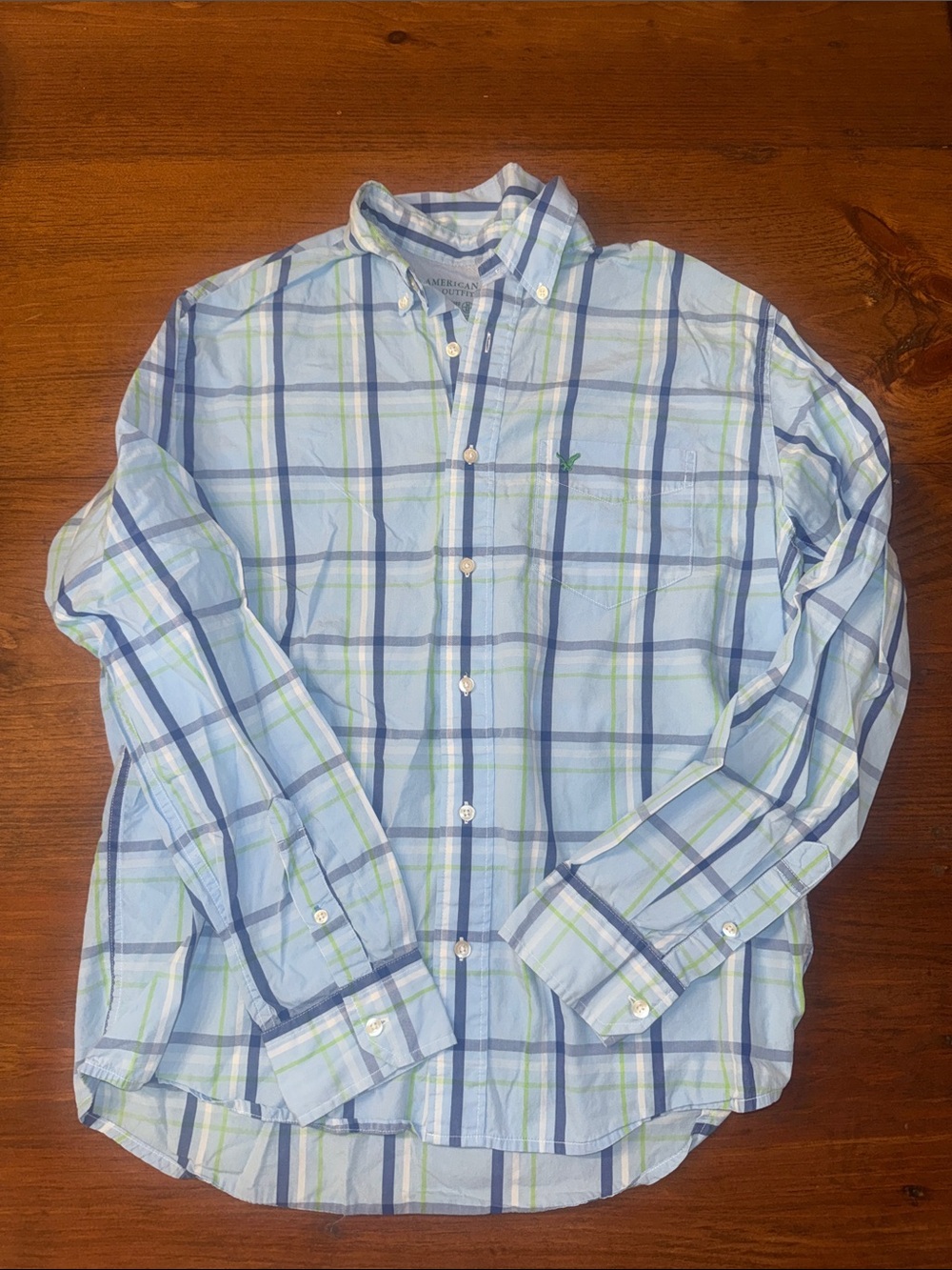 American Eagle Outfitters Light Blue Plaid Button-Down with Navy & Lime Accents